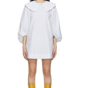Ganni White Striped Mini Dress with Puff Sleeves